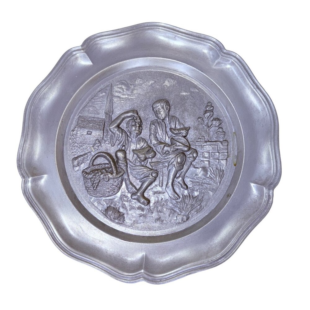 Vintage 70s German Zinnengel Pewter Plate with Embossed Village Scene Wall Decor